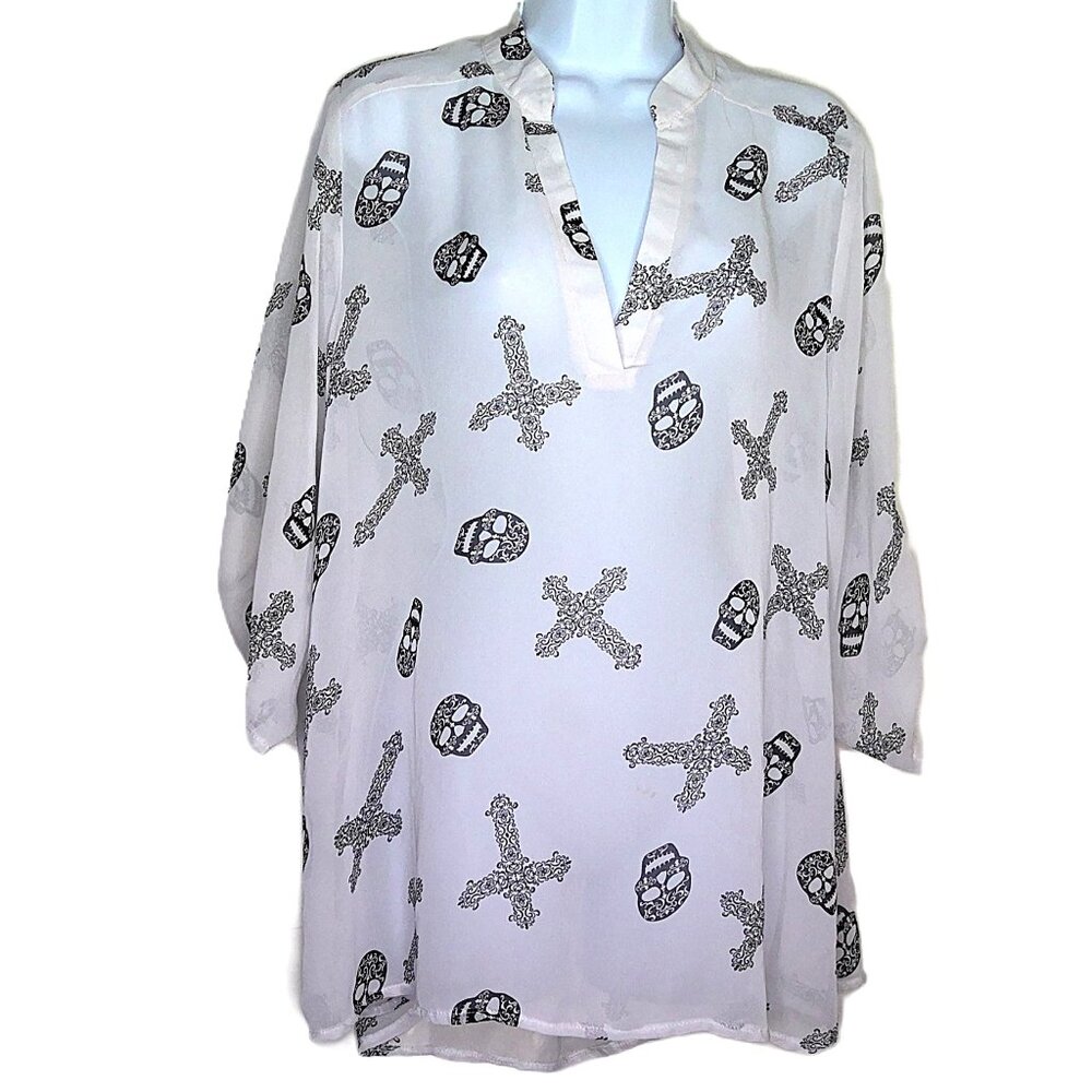 Libian Skulls & Crosses Top Sheer White & Black Flowy Pullover Roll Tab Plus 1XL